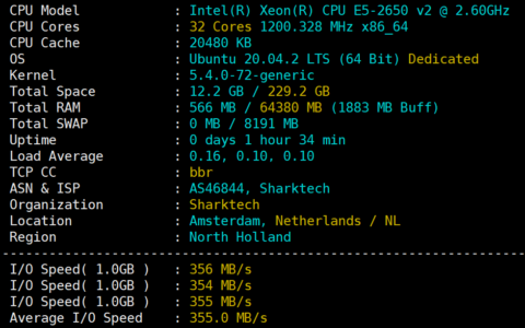 sharktech 荷兰机房10Gbps带宽/不限流量服务器简单测评